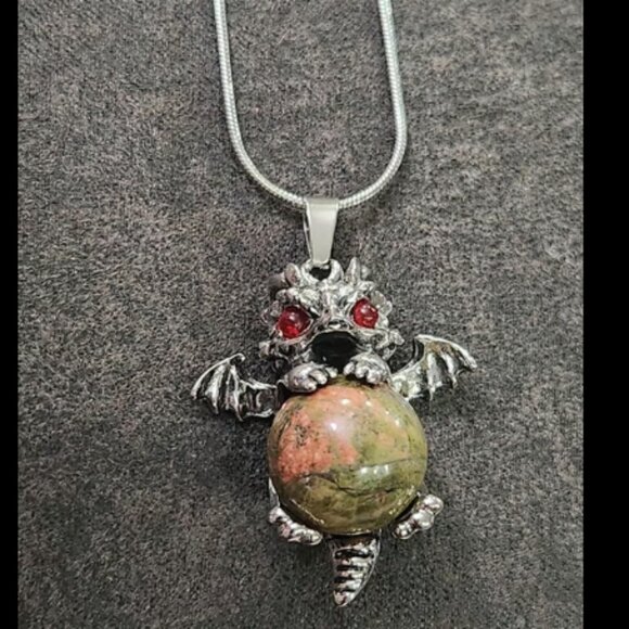 Silver Unakite Crystal Dragon With Orb Necklace - Picture 1 of 2